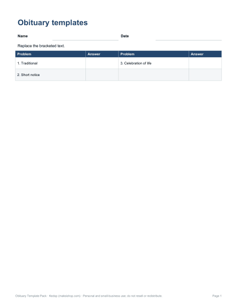 Preview of the first page of Obituary templates (DOCX/PDF)