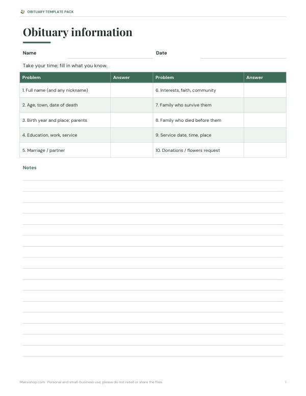Preview of Printable Obituary Information Worksheet
