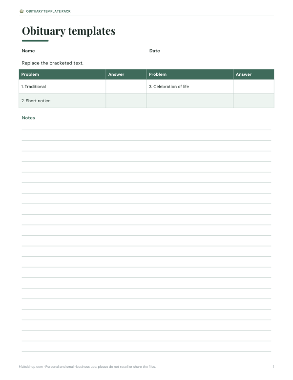 Preview of Printable Obituary Template Sheet