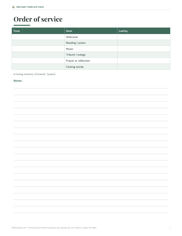Preview of Printable Funeral Order of Service
