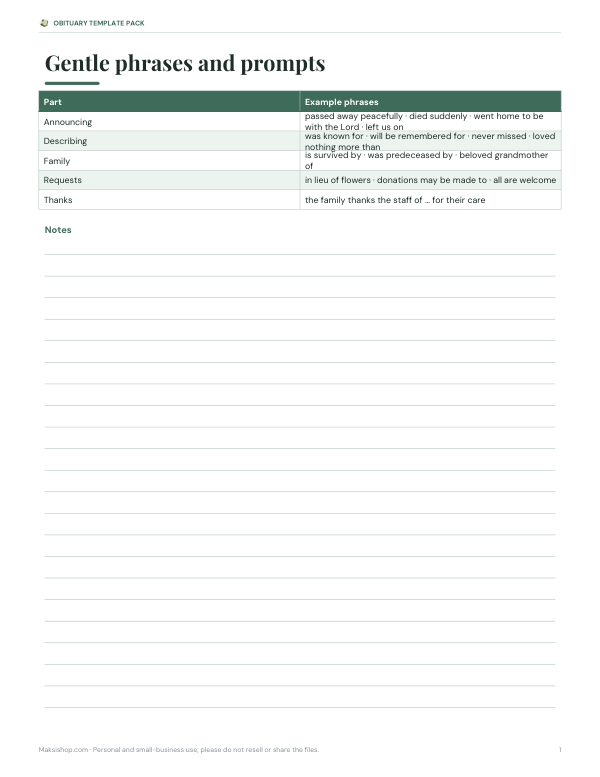 Preview of Printable Obituary Writing Guide